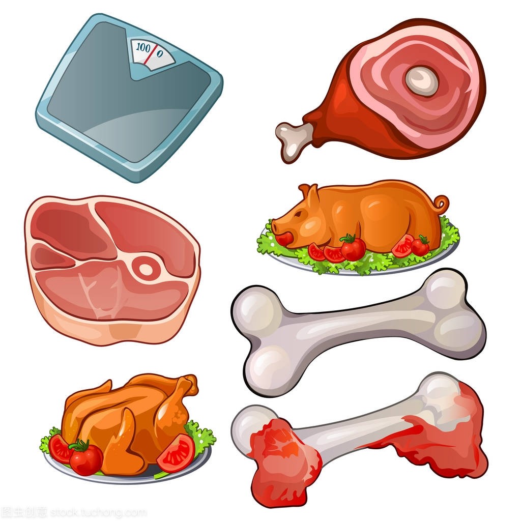 肉類-對定片生肉、 秤、 骨頭、 熟豬和雞肉與蔬菜。七個(gè)圖像矢量食物集合。菜產(chǎn)品上白色孤立。卡通風(fēng)格的矢量圖